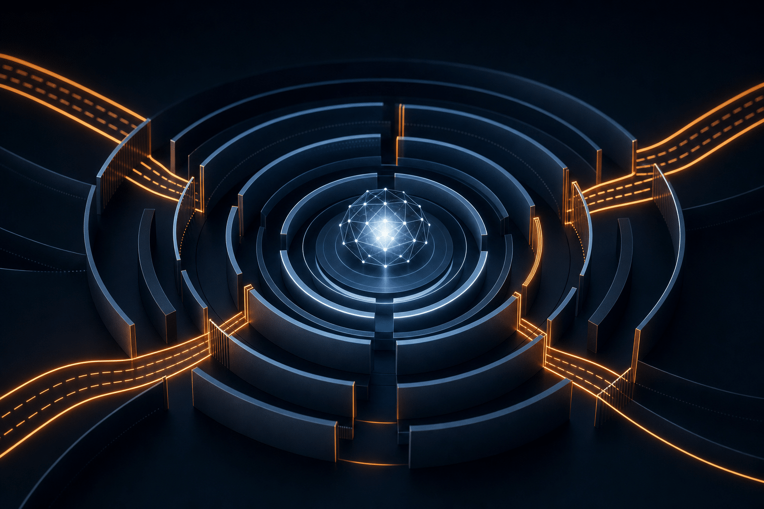 Abstract production AI core surrounded by controlled routing and governance boundaries