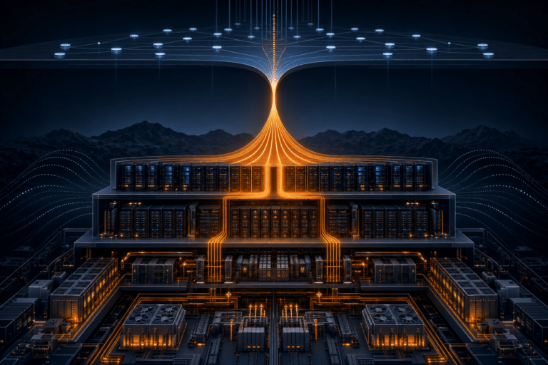 Abstract AI data center showing token flows converging through layered compute, power and network infrastructure