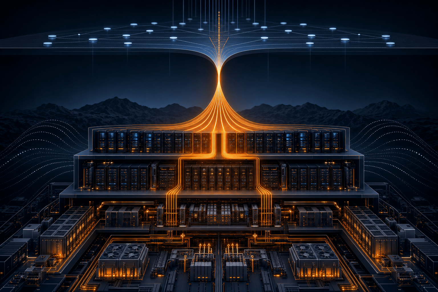 Abstract AI data center showing token flows converging through layered compute, power and network infrastructure