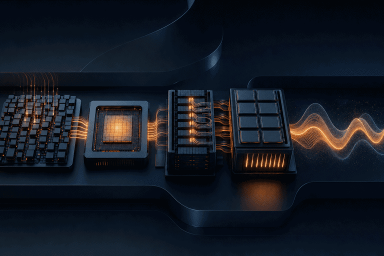 Abstract workload-specific AI stack connecting compute, custom silicon, rack systems, local processing and voice data