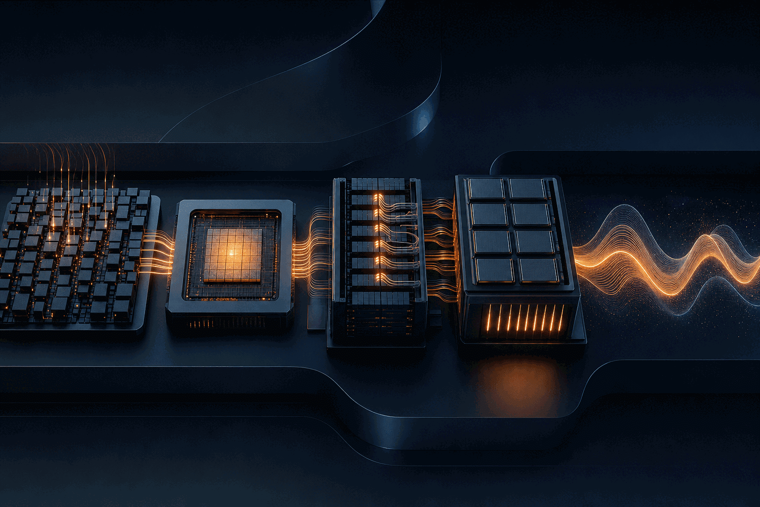 Abstract workload-specific AI stack connecting compute, custom silicon, rack systems, local processing and voice data
