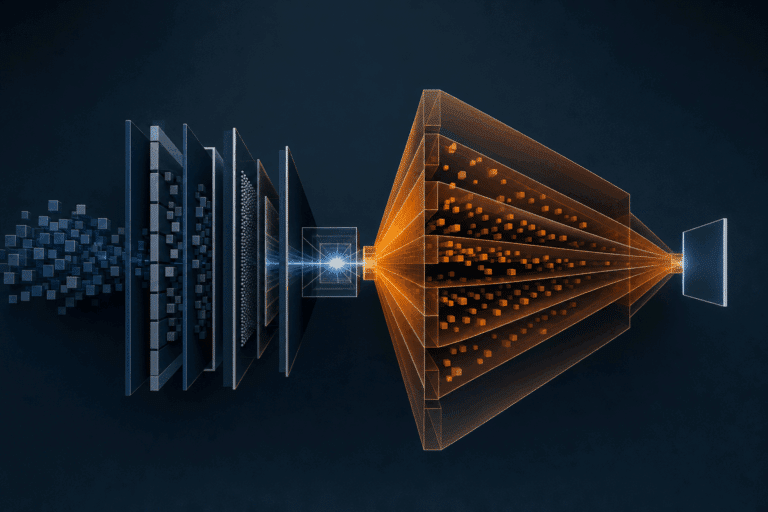 Abstract AI legal delivery architecture transforming source preparation and expert review into an accepted output