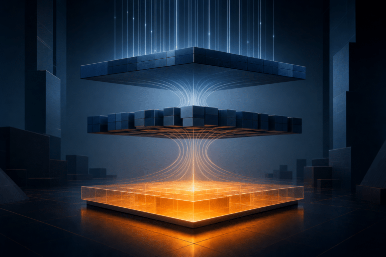 Abstract governed AI architecture connecting authority, expert-reviewed delivery, and evidence to a client value outcome