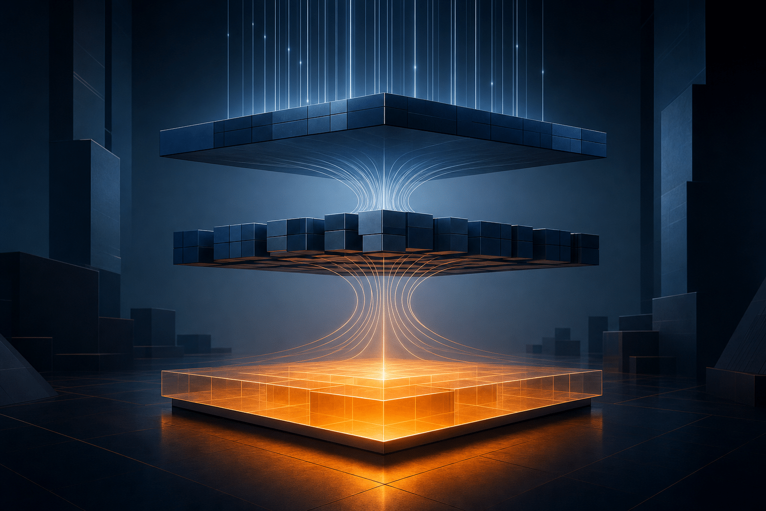 Abstract governed AI architecture connecting authority, expert-reviewed delivery, and evidence to a client value outcome