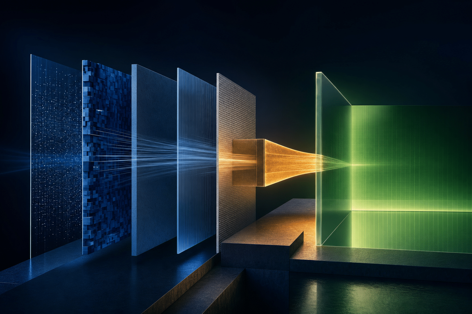 Abstract portfolio AI operating layers converging through an amber evidence bridge into a measurable financial outcome