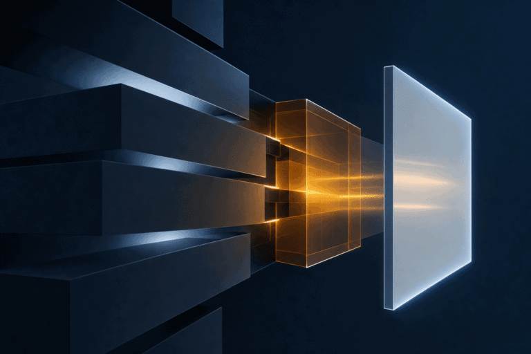 Abstract evidence architecture converging through an amber reconciliation chamber