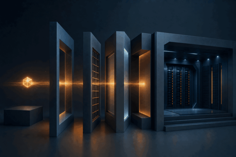 Abstract dark navy production gateway with amber control layers admitting an AI-built service into a stable operating architecture