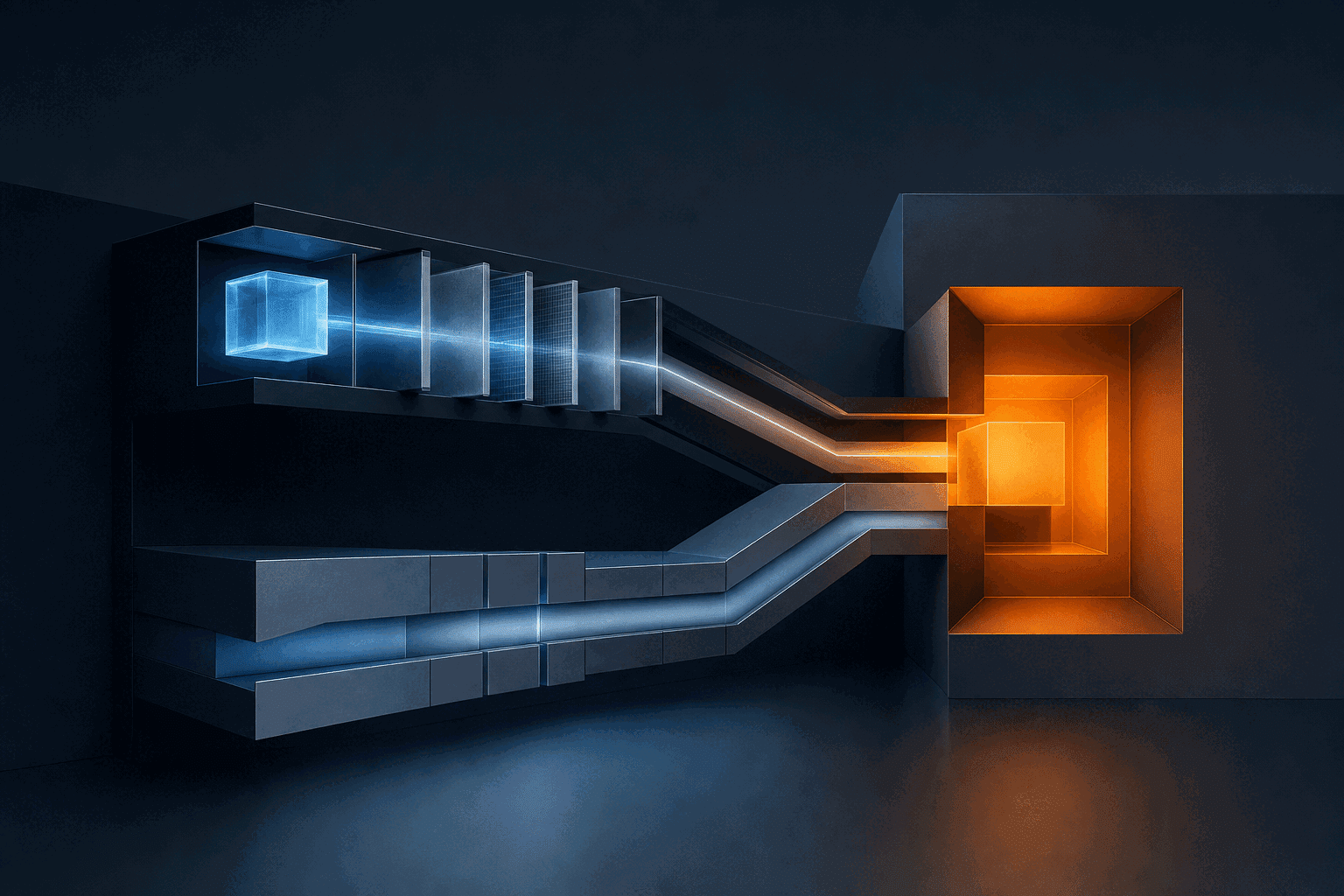 Abstract navy, steel-blue and amber architecture showing two professional work paths converging through verification into an accepted output.