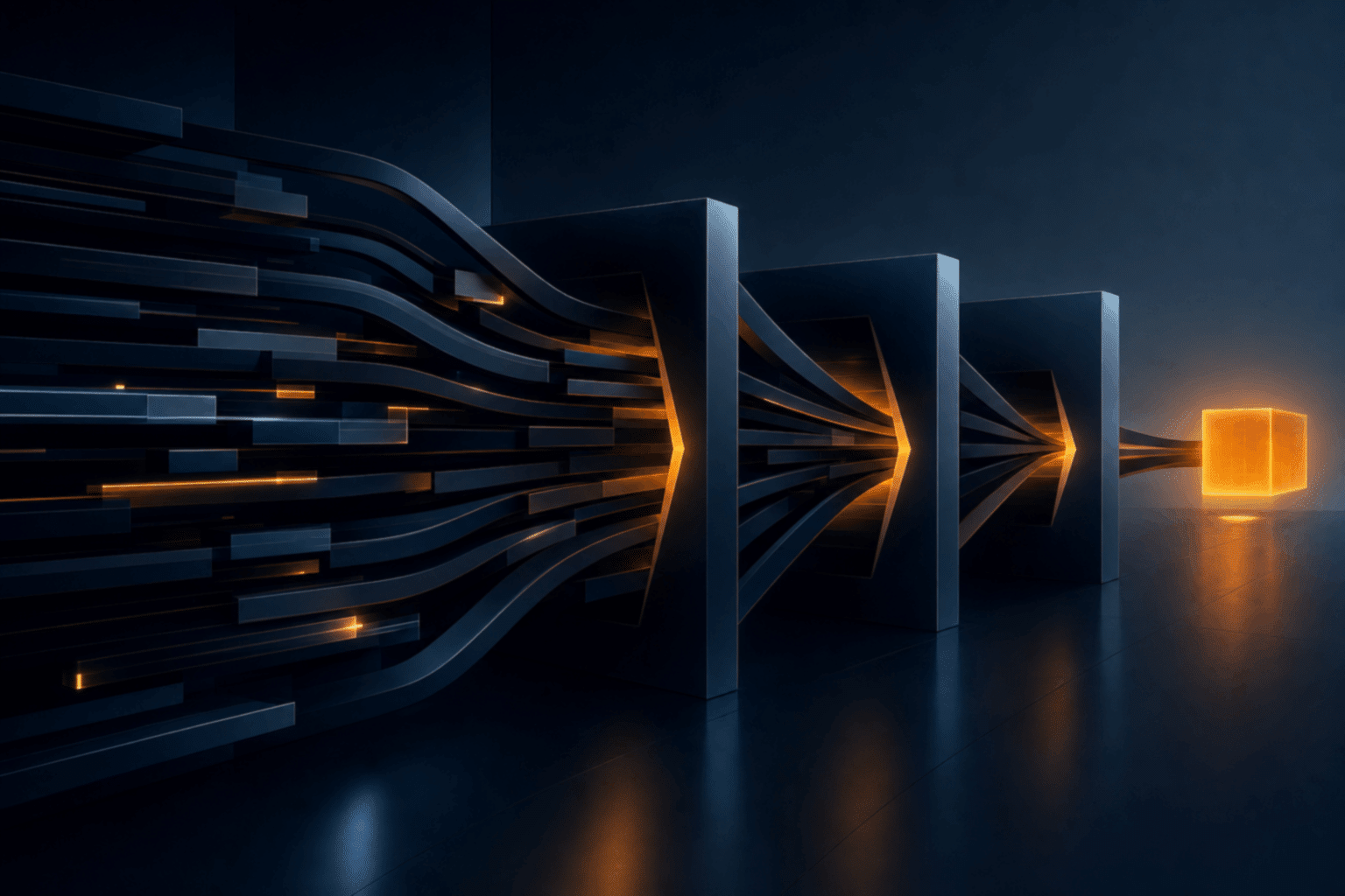 Abstract architecture showing AI delivery flowing through a focused agency service line into retained margin
