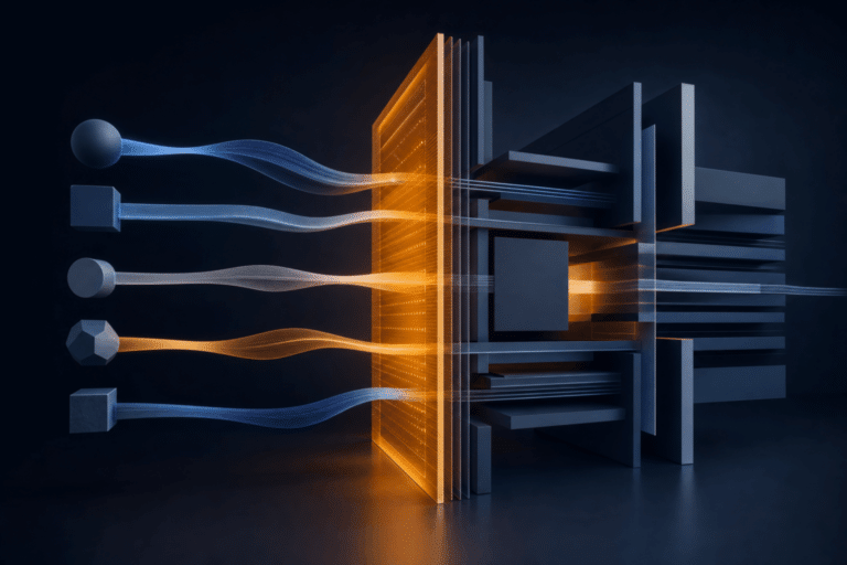 Abstract enterprise AI authority boundary with controlled amber signal paths across dark infrastructure