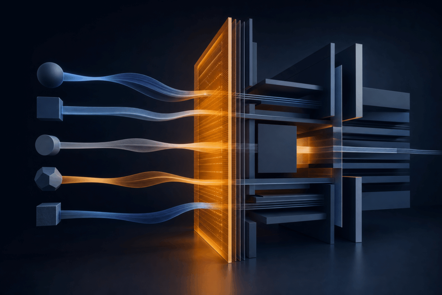 Abstract enterprise AI authority boundary with controlled amber signal paths across dark infrastructure