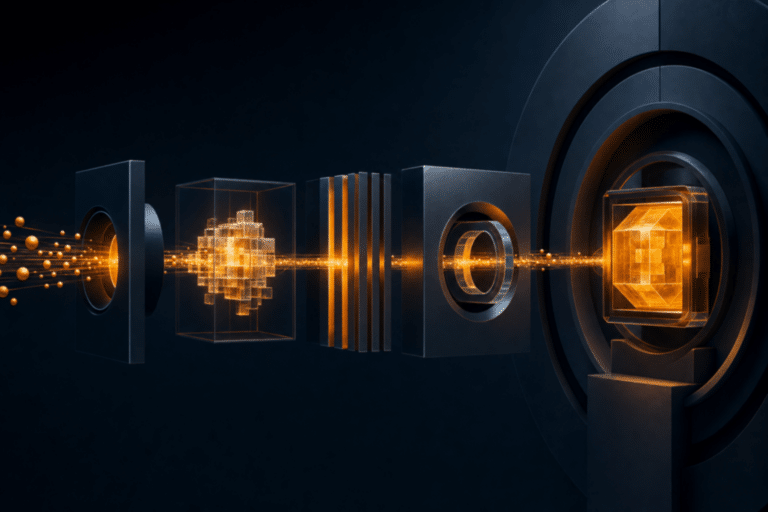 Abstract AI infrastructure architecture with an amber evidence chain connecting model, validation and production layers