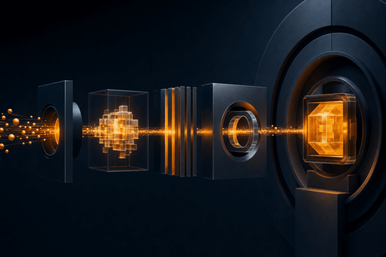Abstract AI infrastructure architecture with an amber evidence chain connecting model, validation and production layers