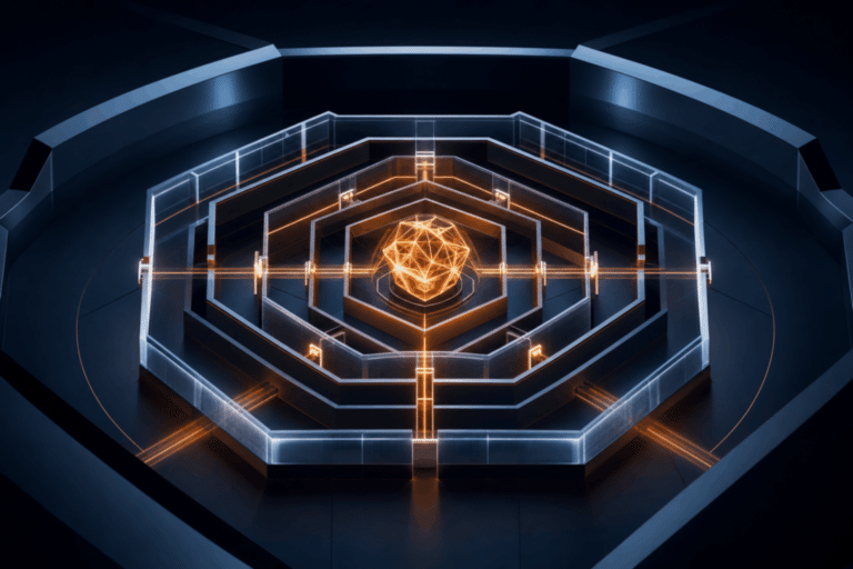Abstract nested security boundaries containing a luminous AI core inside a controlled execution perimeter