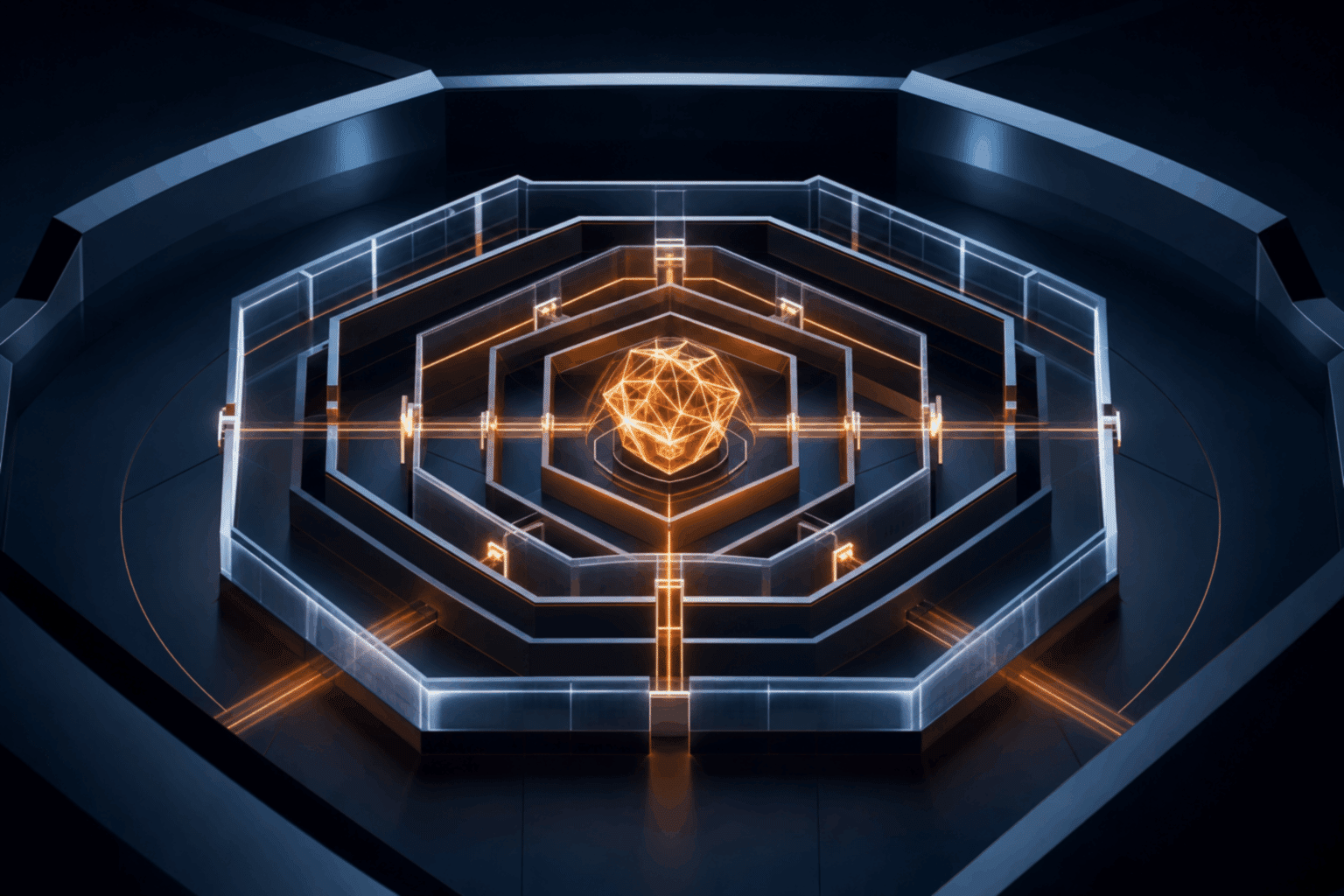 Abstract nested security boundaries containing a luminous AI core inside a controlled execution perimeter