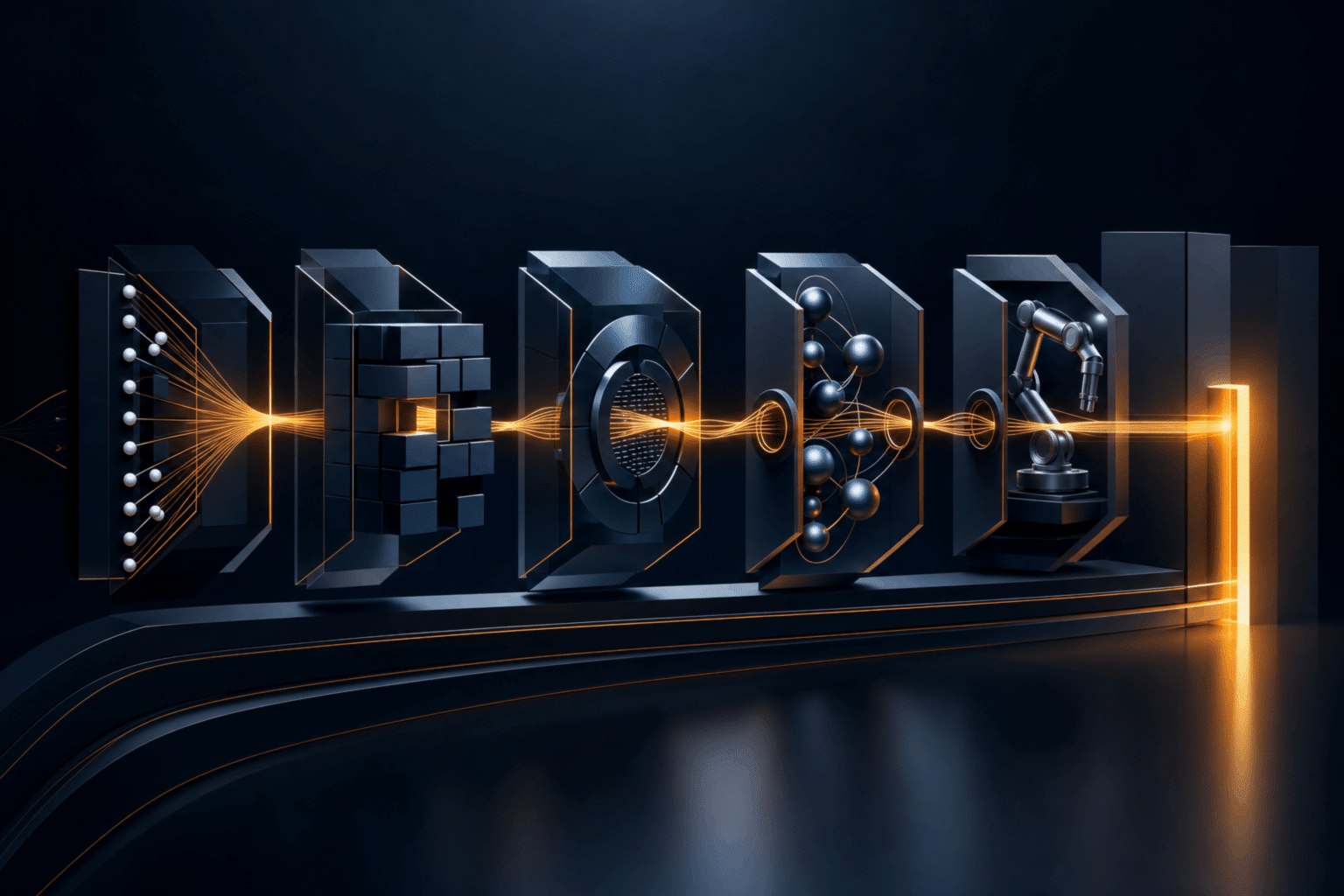 Abstract dark AI infrastructure modules connected by an amber operating signal from models and data to observability, agents and robotics