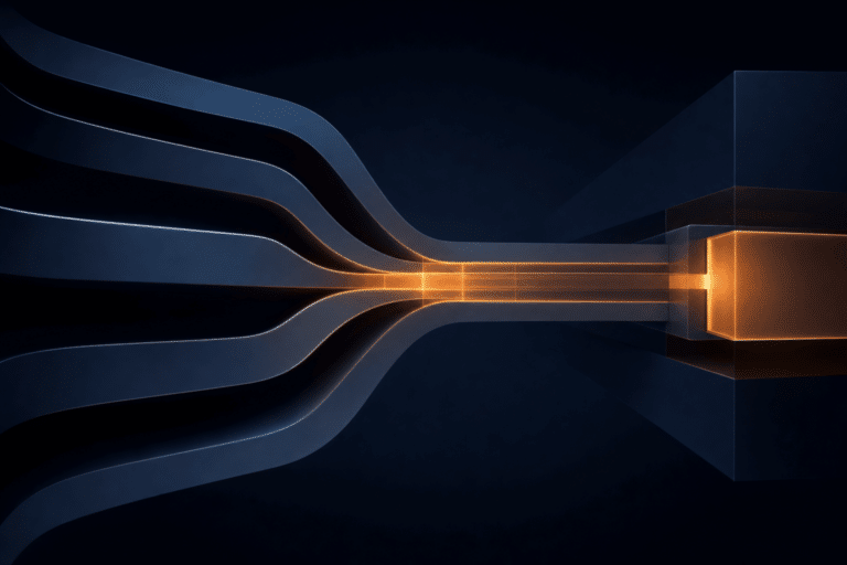 Abstract enterprise AI operating specification with amber pathways through dark architectural layers