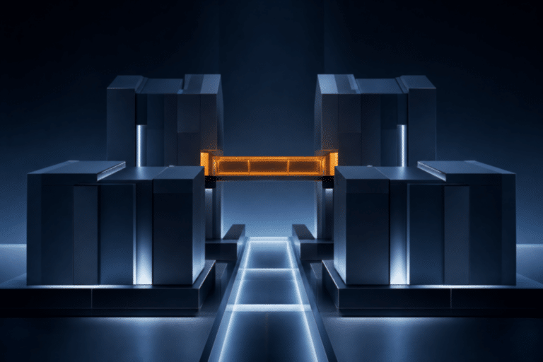 Abstract modular AI infrastructure architecture showing portable production pathways