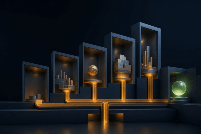 Abstract AI infrastructure architecture connecting post-sale customer signals to revenue outcomes