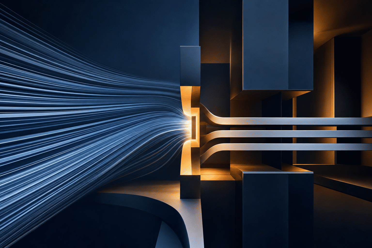 Abstract dark architecture showing AI work flowing into a controlled amber review gateway and balanced professional review lanes