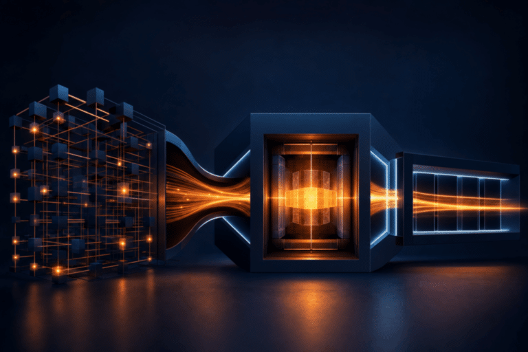 Abstract AI operating architecture connecting distribution, context, cyber resilience and governed delivery
