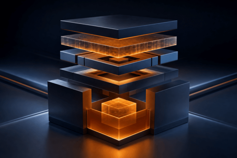 Abstract AI architecture showing connected model, data, control, infrastructure and release layers converging into a governed core