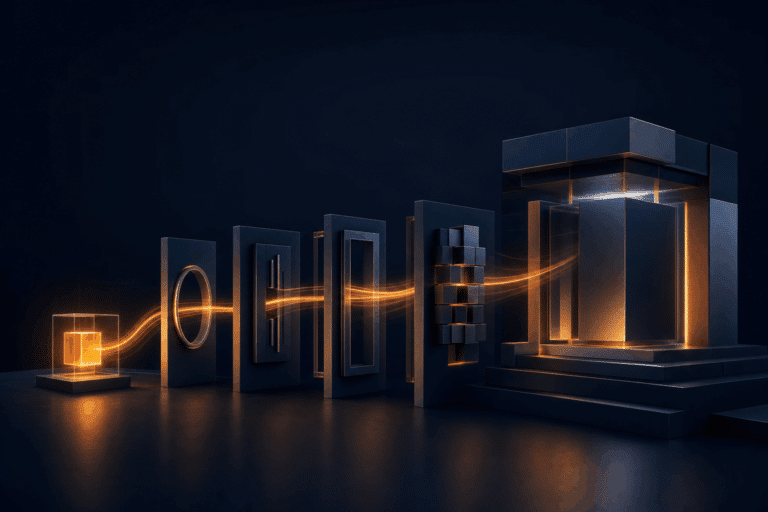 Abstract architecture showing a bright frontline AI prototype moving through controlled gates into a governed production platform
