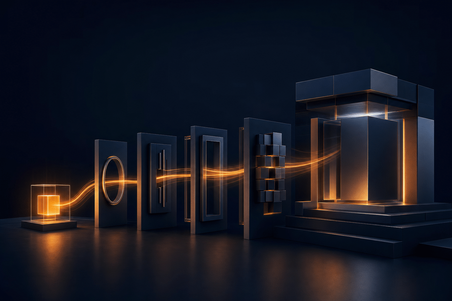 Abstract architecture showing a bright frontline AI prototype moving through controlled gates into a governed production platform