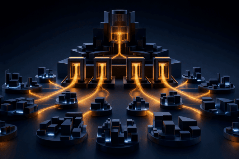 Abstract dark navy portfolio architecture connecting an amber fund control layer to multiple operating companies through deployment gates