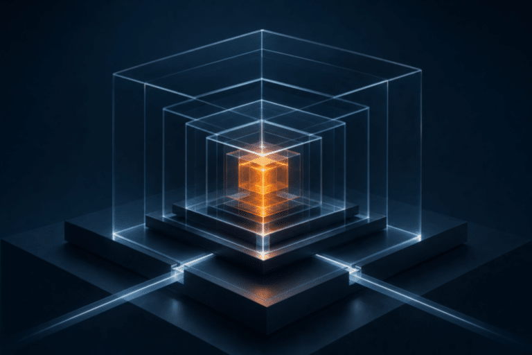 Abstract nested AI verification architecture with an amber core
