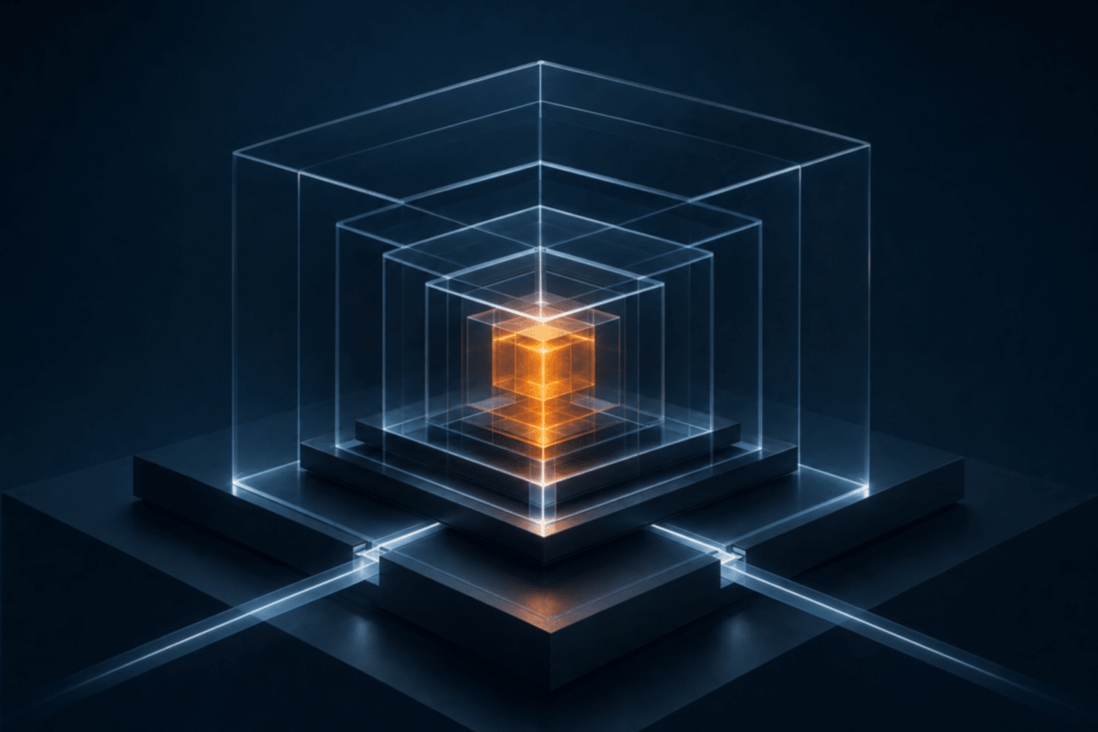 Abstract nested AI verification architecture with an amber core