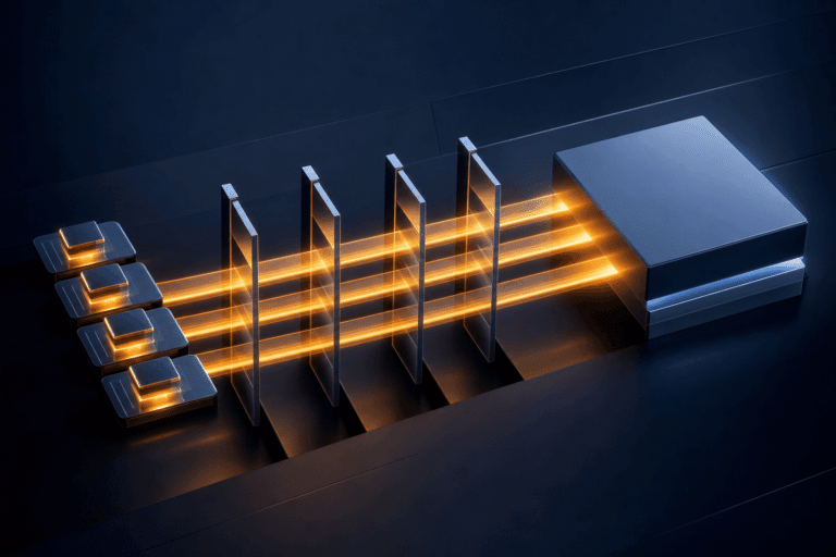 Abstract infrastructure architecture showing four migration lanes passing through controlled evidence gates