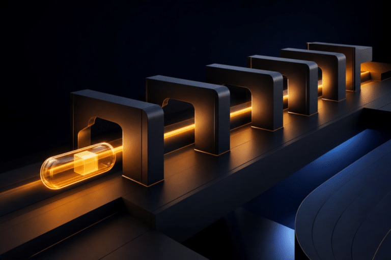 Abstract dark infrastructure architecture showing agent-generated code moving through an amber evidence gateway into a controlled software release system