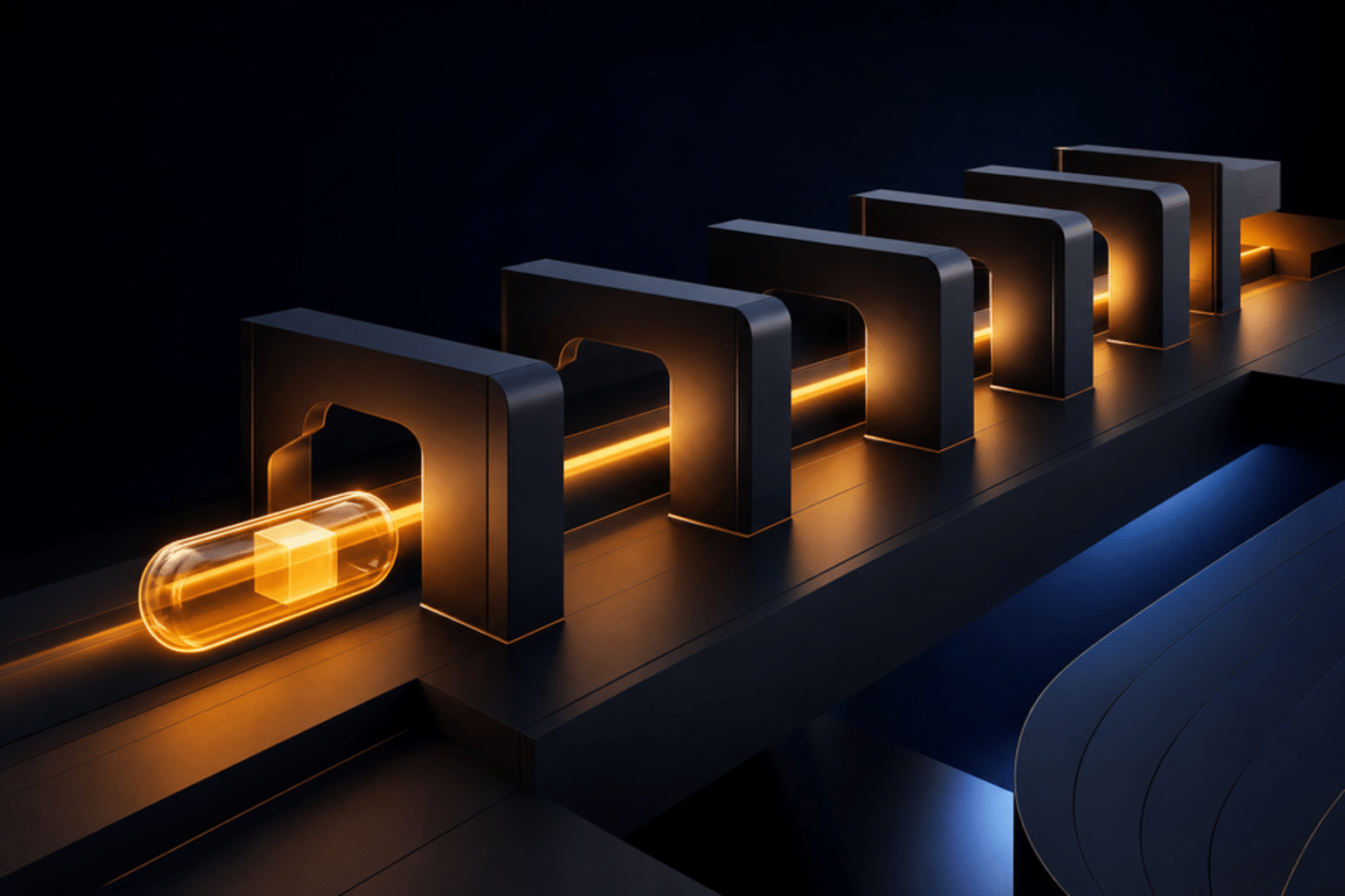 Abstract dark infrastructure architecture showing agent-generated code moving through an amber evidence gateway into a controlled software release system
