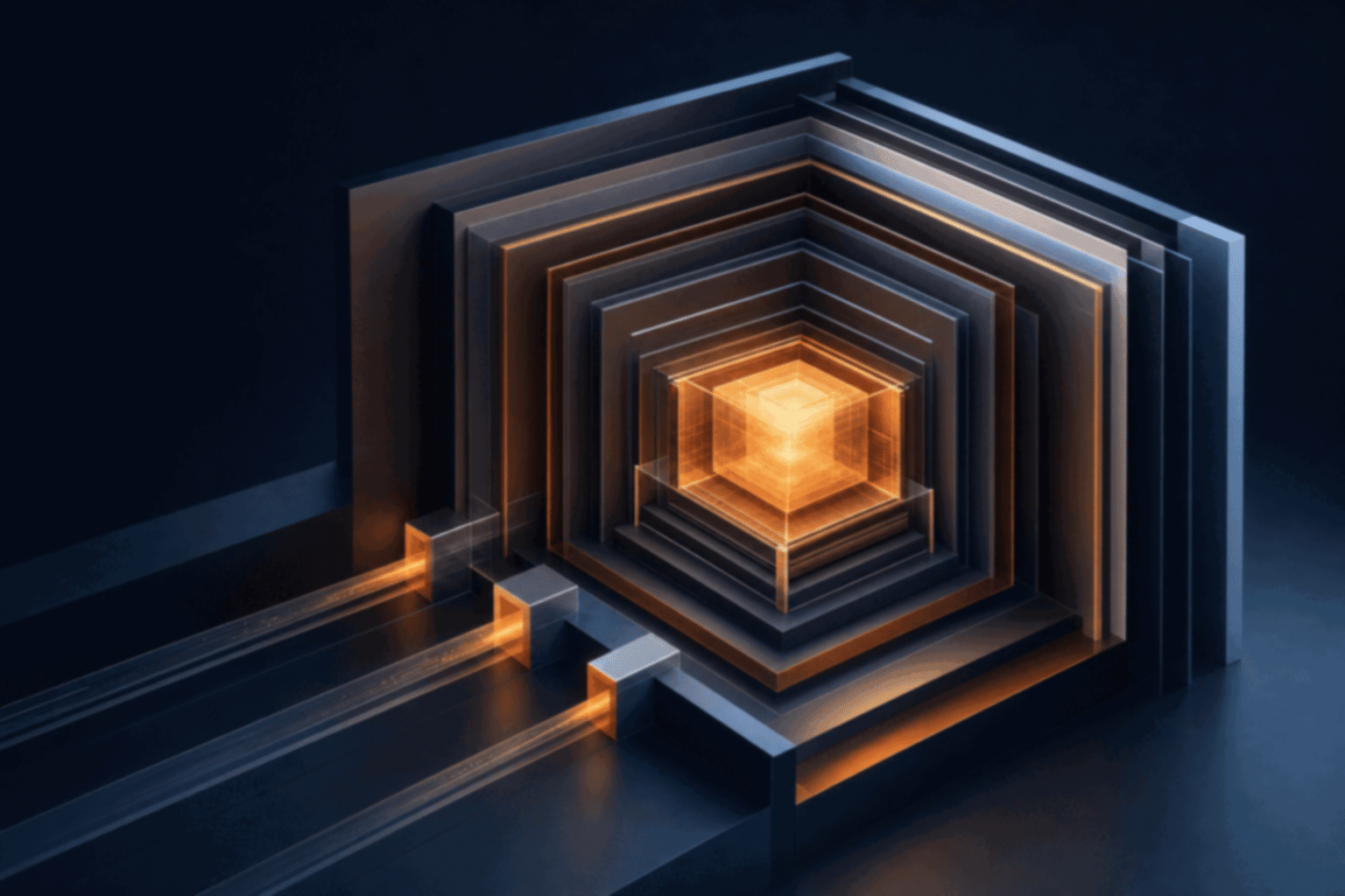Abstract AI infrastructure architecture with an amber control boundary around a governed core