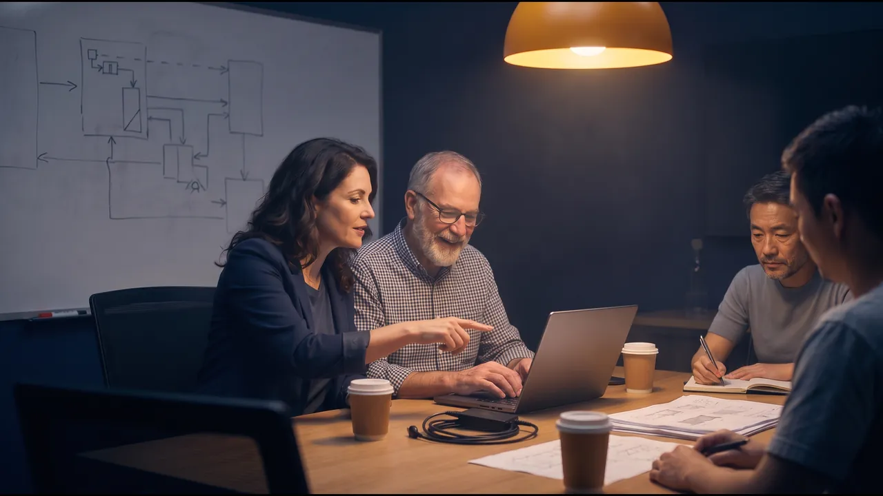 A trainer points at a line on an engineer's laptop while two colleagues take notes at the meeting table