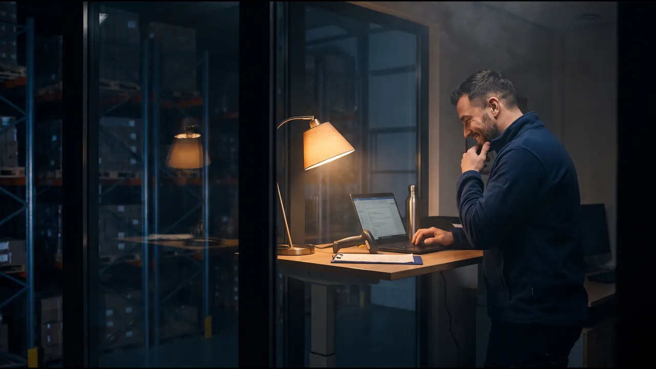 A logistics planner at a standing desk reads a report on his laptop in an office beside the warehouse