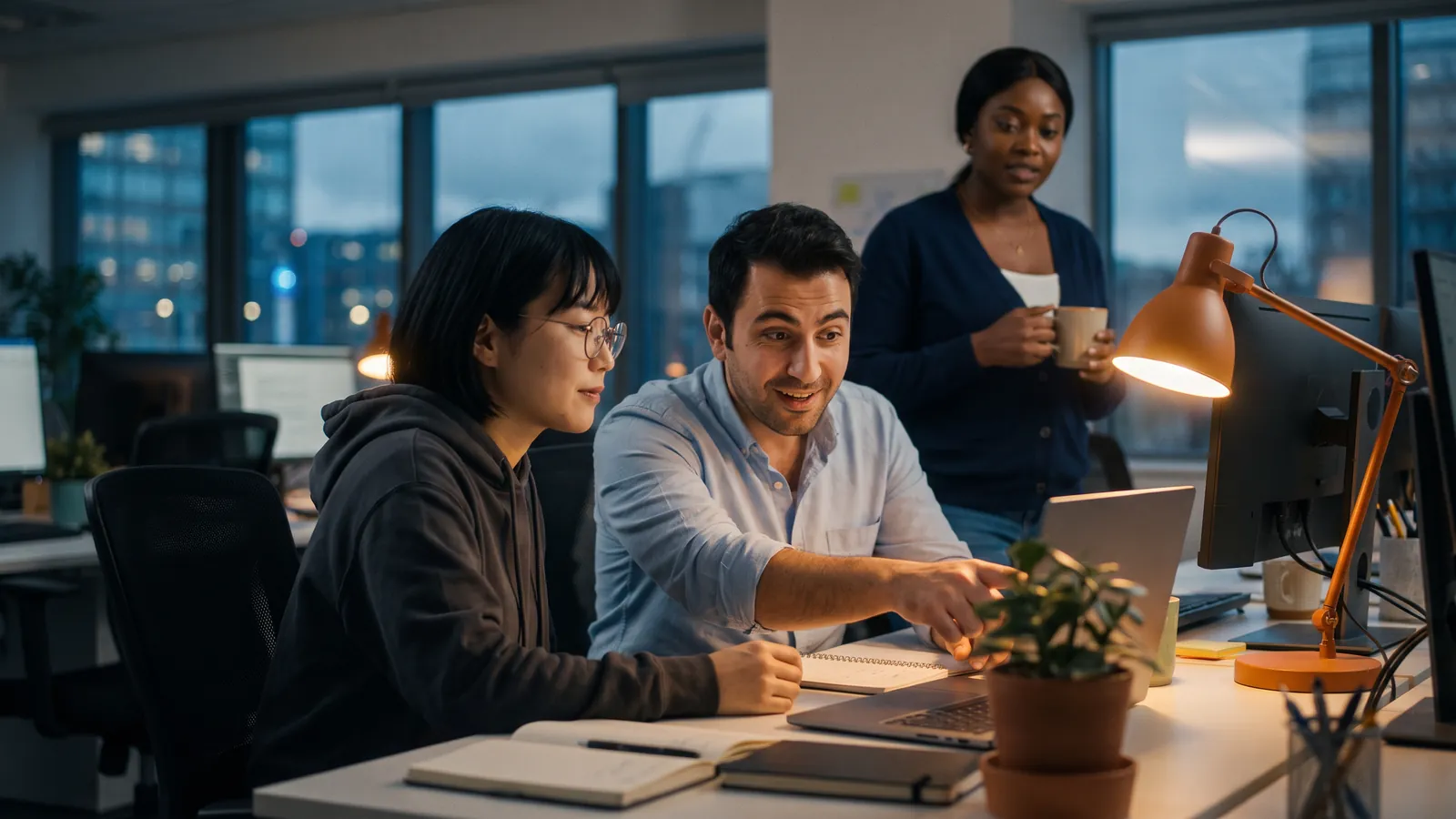 A forward-deployed engineer watches the head of sales operations try the first AI workflow on his laptop while a colleague with a coffee looks on