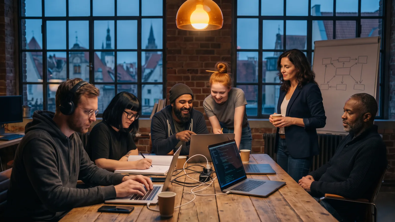 A team of engineers and a business engineer work together around a table in the evening